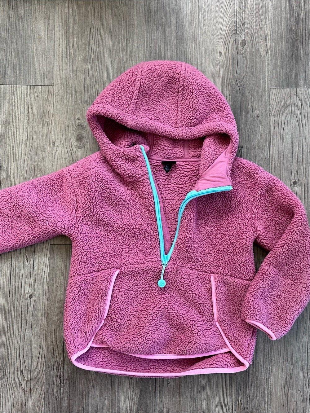 Pink Sherpa Hoodie with Aqua Half-Zip with pockets